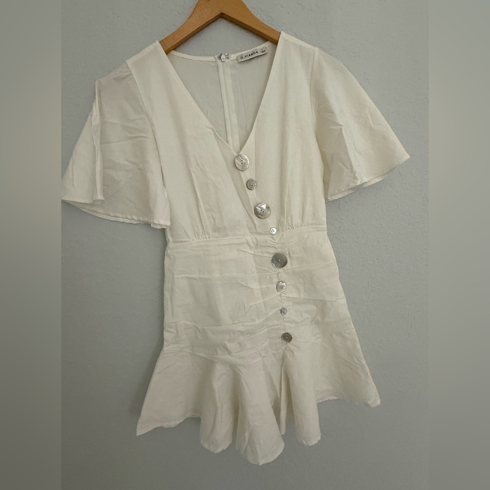 O. Vianca Women’s Off White  Midi Ruched Dress Size S Short Sleeve A Flared Hem.